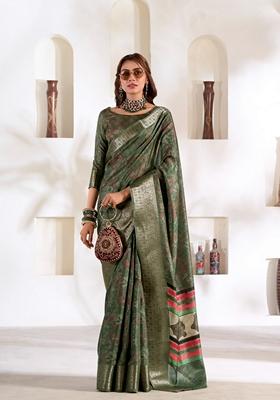 Dark Green Zari Woven Silk Saree Set