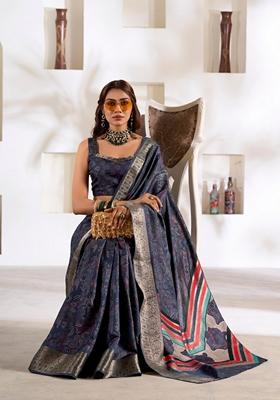 Dark Navy Blue Zari Woven Silk Saree Set