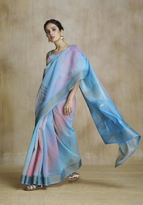 Blue Zari Woven Silk Saree Set