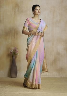 Peach Zari Woven Silk Saree Set