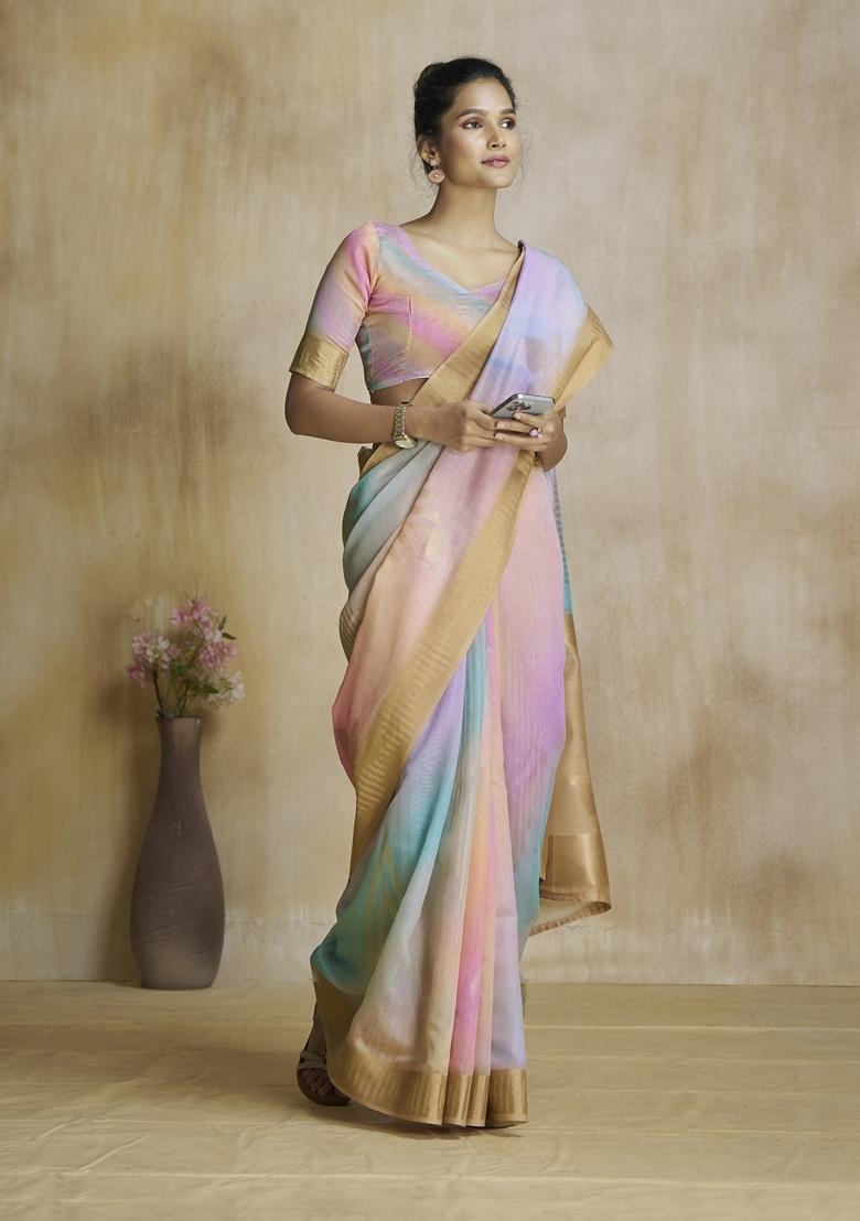 Peach Zari Woven Silk Saree Set