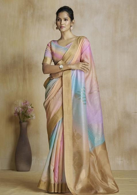 Peach Zari Woven Silk Saree Set