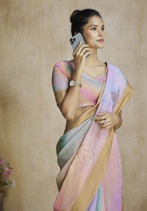 Peach Zari Woven Silk Saree Set