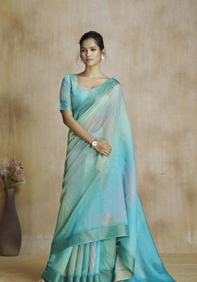 Turquoise Zari Woven Silk Saree Set