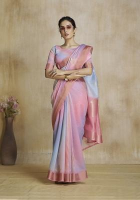 Pink Zari Woven Silk Saree Set