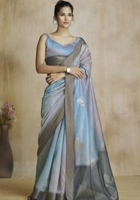 Dark Grey Zari Woven Silk Saree Set