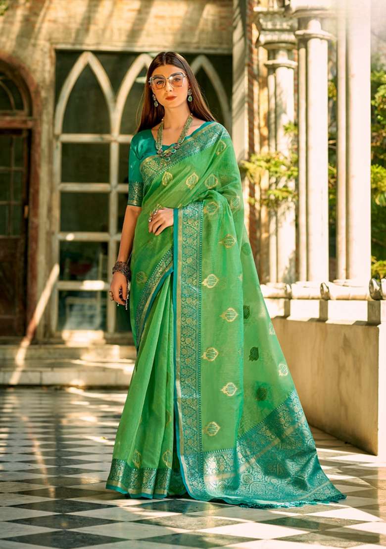 Green Zari Woven Silk Saree Set for Diwali and Festive Wear - Indya