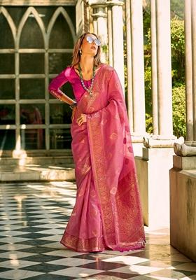 Pink Zari Woven Silk Saree Set