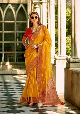Yellow Zari Woven Silk Saree Set