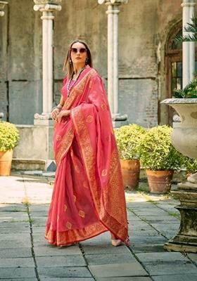 Peach Zari Woven Silk Saree Set