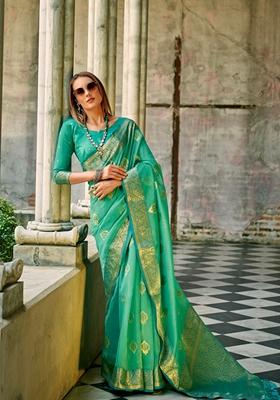 Turquoise Zari Woven Silk Saree Set