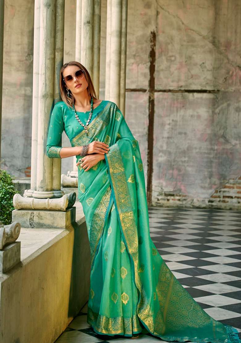 Turquoise Zari Woven Silk Saree Set for Diwali | Wedding & Festive Wear - Indya
