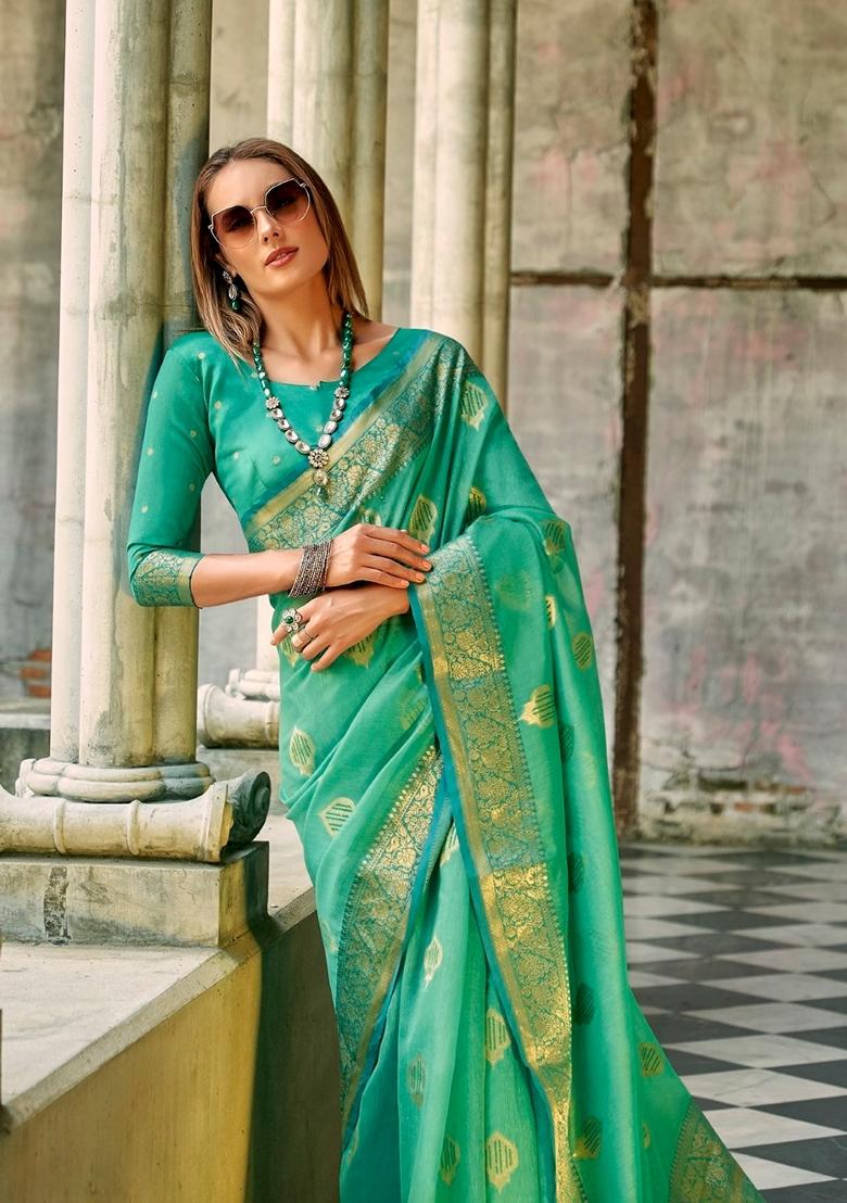 Turquoise Zari Woven Silk Saree Set