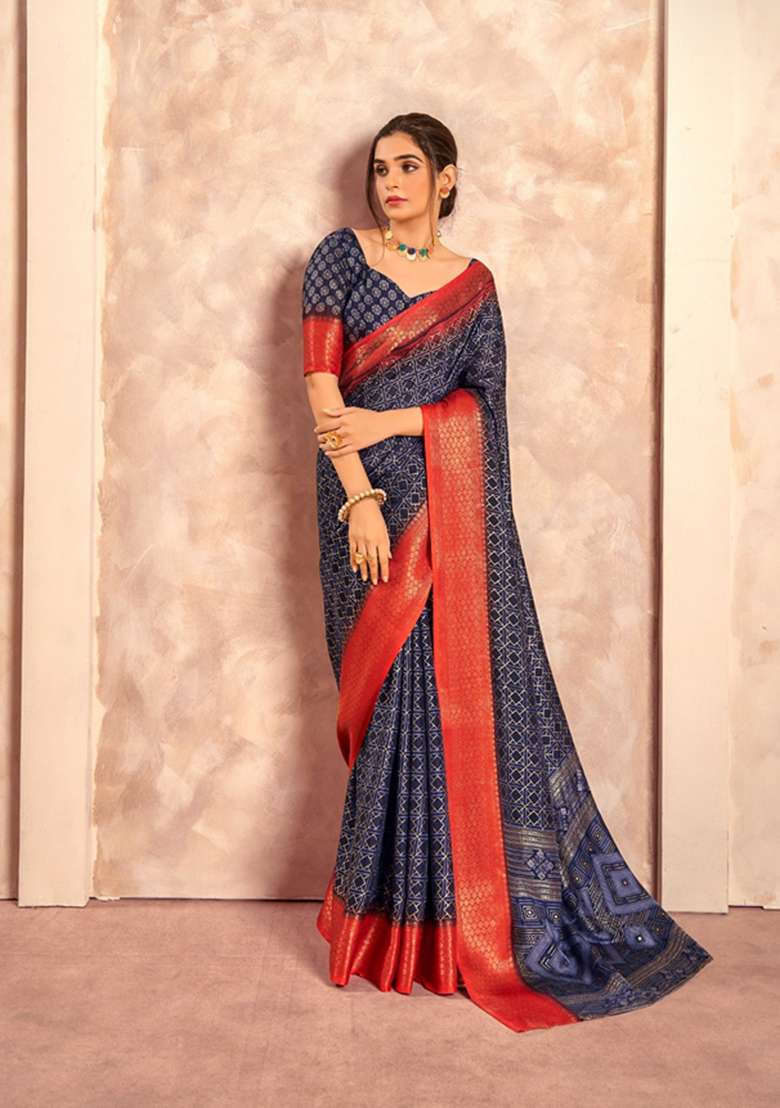 Navy Blue Printed Silk Saree Set - Indya