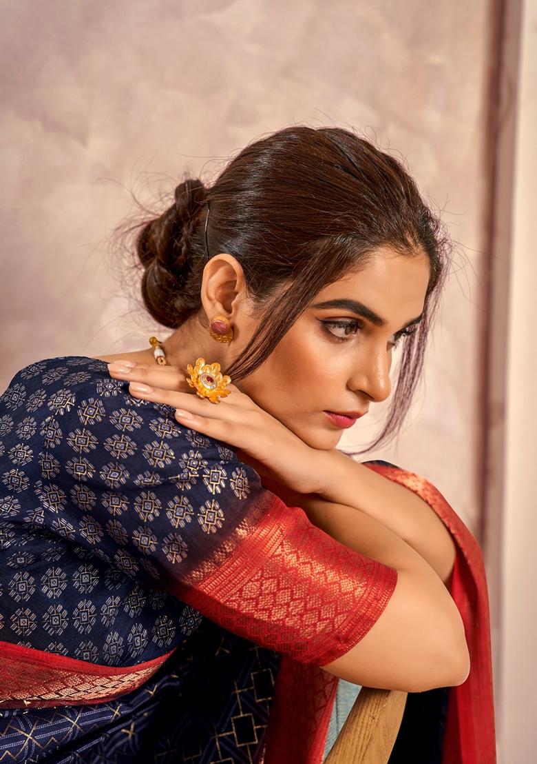 Navy Blue Printed Silk Saree Set