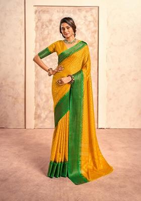 Yellow Printed Silk Saree Set
