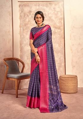 Purple Printed Silk Saree Set