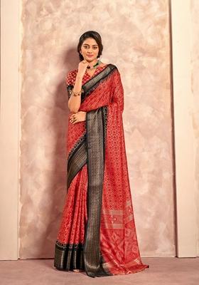 Red Printed Silk Saree Set