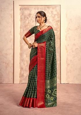 Green Printed Silk Saree Set