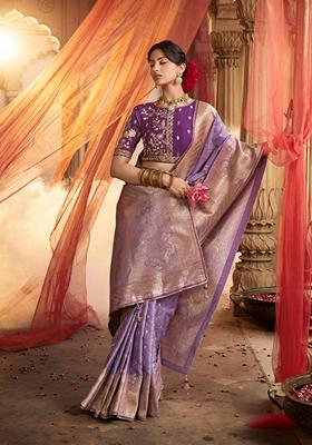 Lavender Zari Woven Pure Satin Saree Set