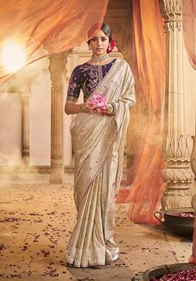 Cream Zari Woven Pure Satin Saree Set