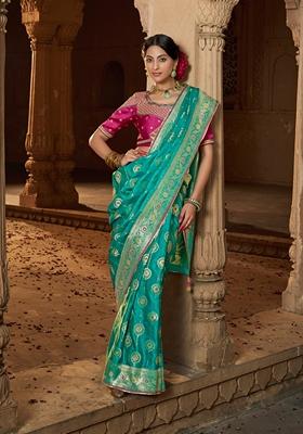 Green Zari Woven Pure Satin Saree Set