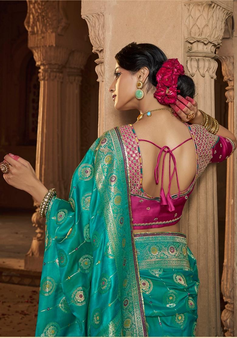 Green Zari Woven Pure Satin Saree Set