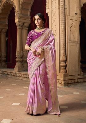 Pink Zari Woven Pure Satin Saree Set