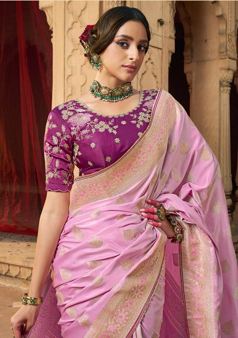 Pink Zari Woven Pure Satin Saree Set