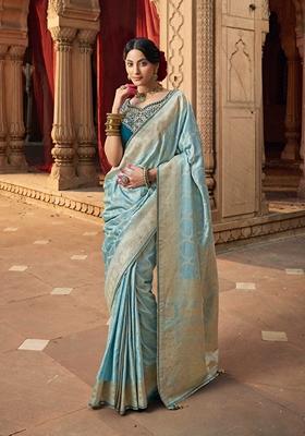 Sky Blue Zari Woven Pure Satin Saree Set
