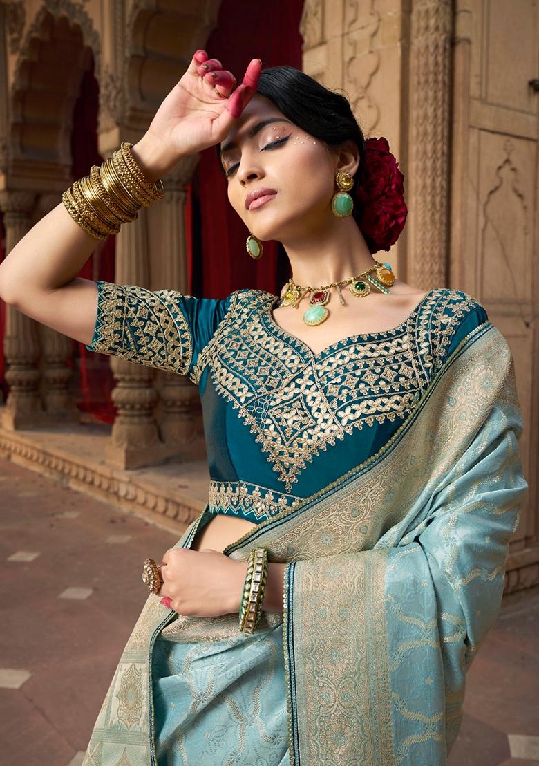 Sky Blue Zari Woven Pure Satin Saree Set