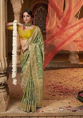 Mehendi Green Zari Woven Pure Satin Saree Set