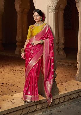 Rani Pink Zari Woven Pure Satin Saree Set