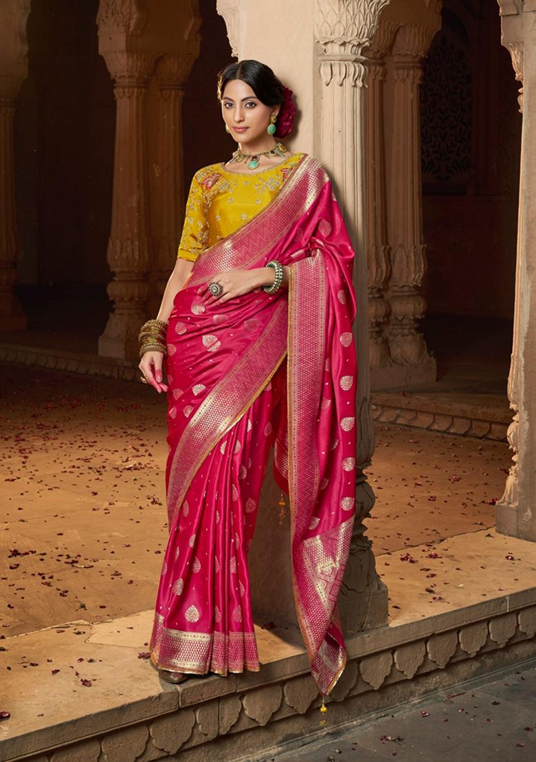 Rani Pink Zari Woven Pure Satin Saree Set