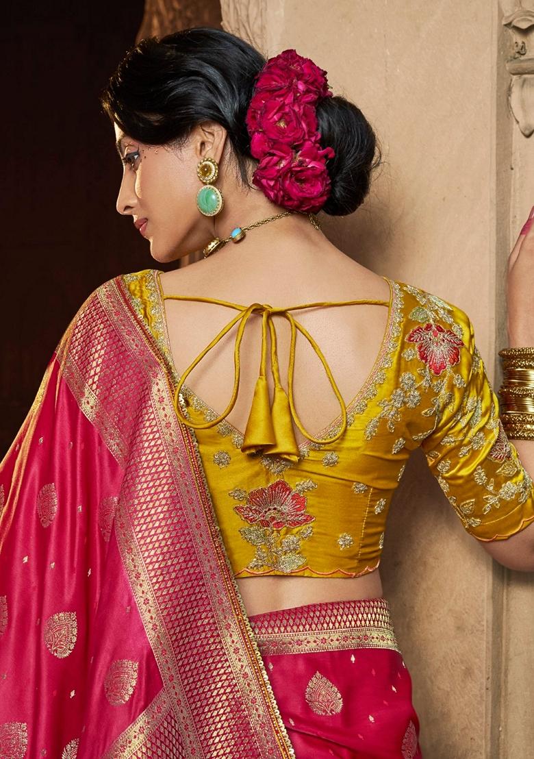 Rani Pink Zari Woven Pure Satin Saree Set