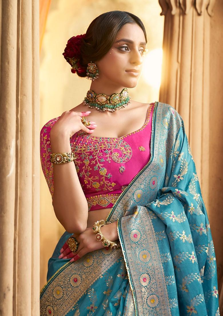 Blue Zari Woven Pure Satin Saree Set