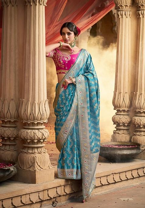 Blue Zari Woven Pure Satin Saree Set