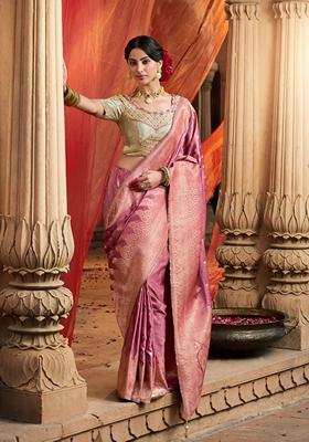 Light Purple Zari Woven Pure Satin Saree Set