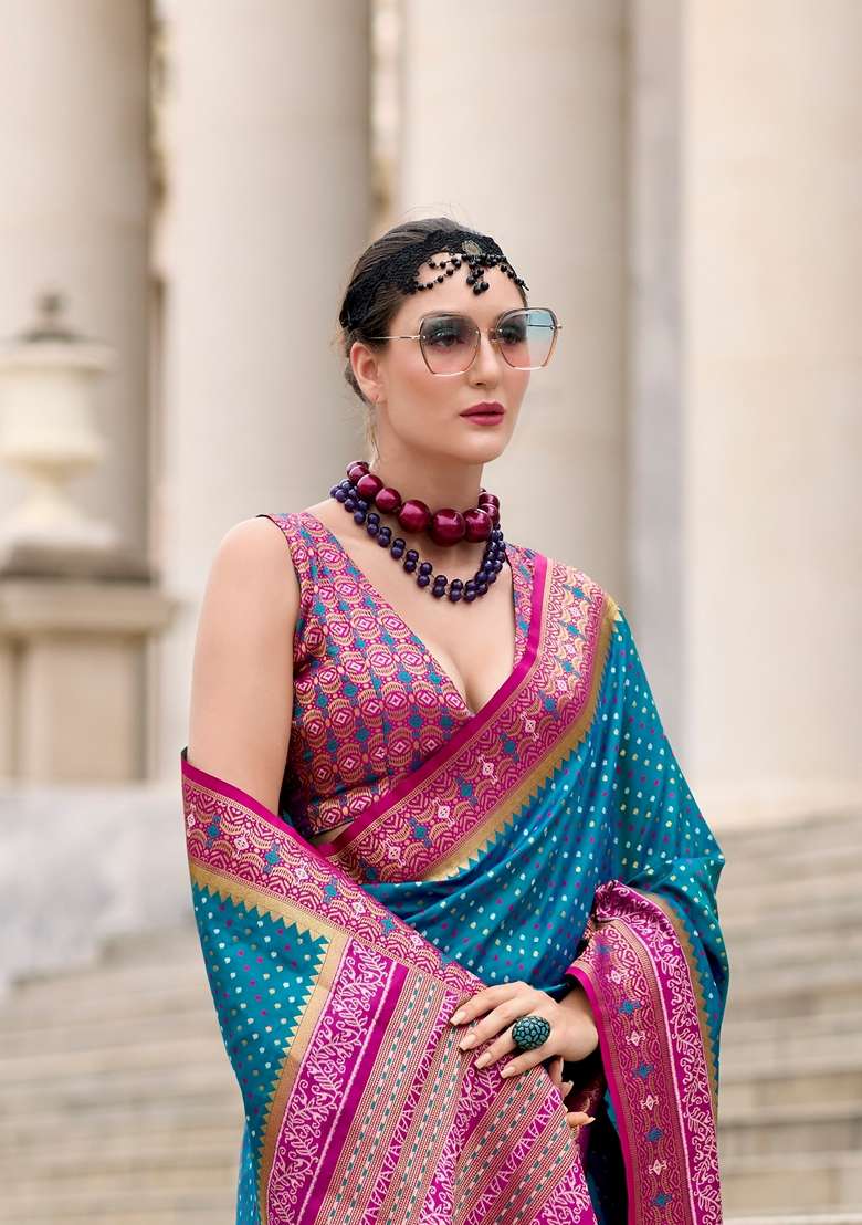 Teal Zari Woven Pure Banarasi Silk Saree Set - Indya