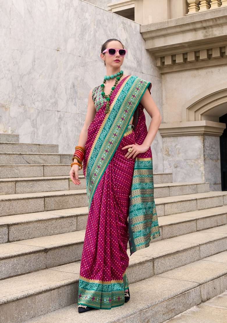 Violet Zari Woven Pure Banarasi Silk Saree Set - Indya