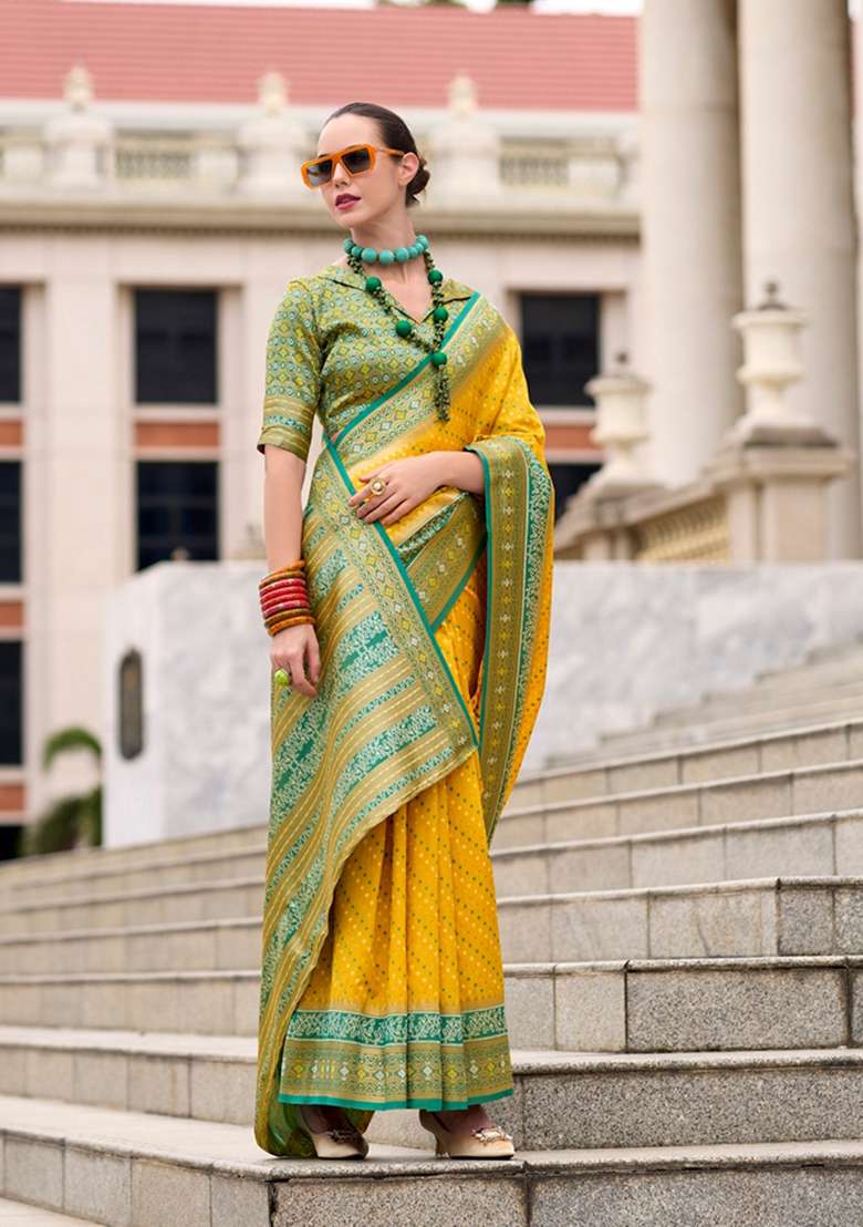 Yellow Zari Woven Pure Banarasi Silk Saree Set - Indya