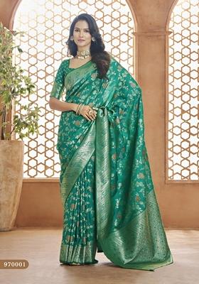 Green Zari Woven Pure Banarasi Silk Saree Set
