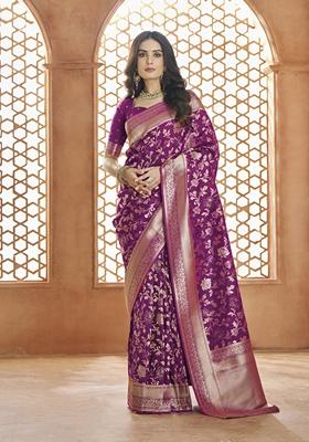 Purple Zari Woven Pure Banarasi Silk Saree Set