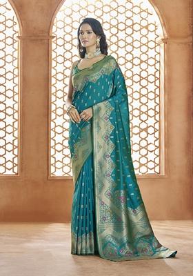 Teal Zari Woven Pure Banarasi Silk Saree Set
