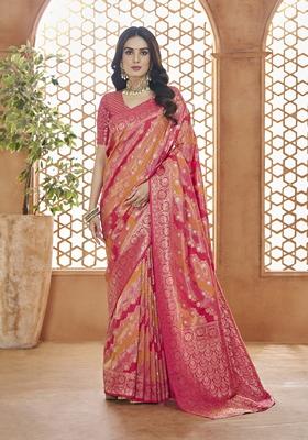 Pink Zari Woven Pure Banarasi Silk Saree Set