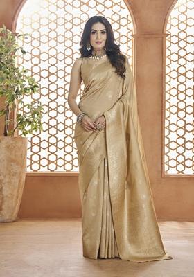 Cream Zari Woven Pure Banarasi Silk Saree Set