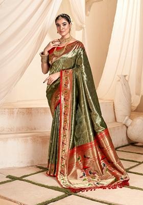 Mehendi Green Zari Woven Pure Tissue Saree Set