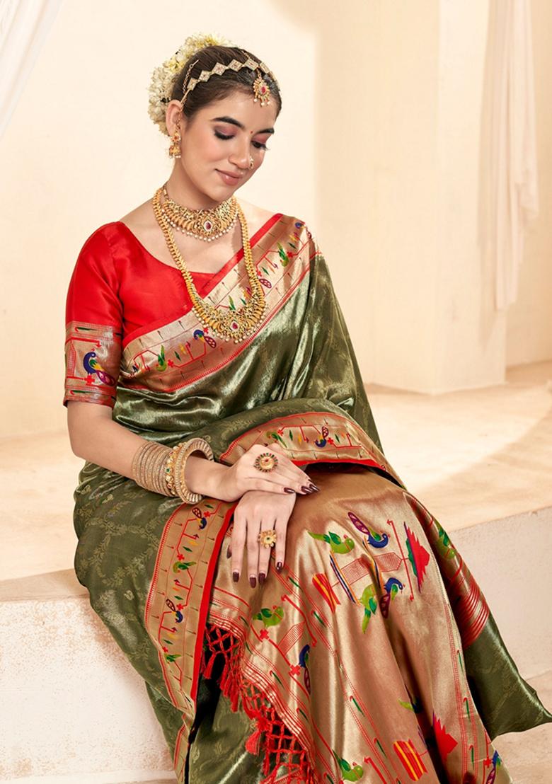 Mehendi Green Zari Woven Pure Tissue Saree Set