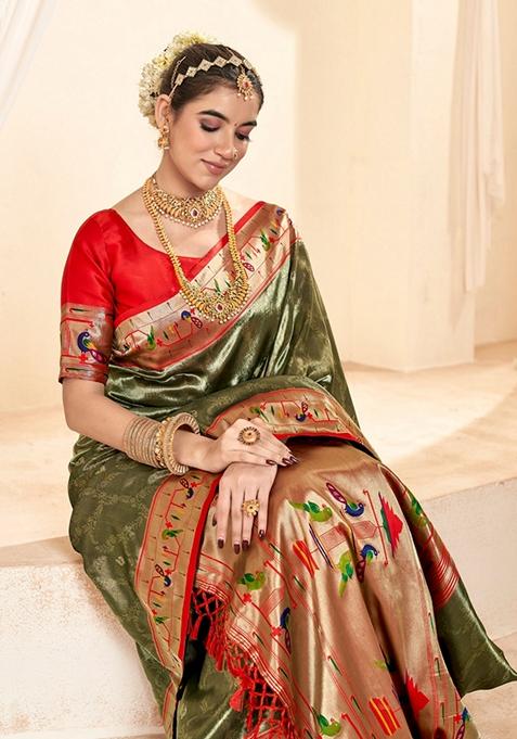Mehendi Green Zari Woven Pure Tissue Saree Set