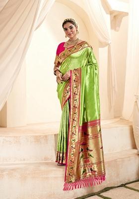 Parrot Green Zari Woven Pure Tissue Saree Set